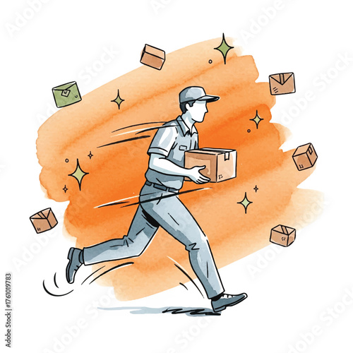 Watercolor illustration of a delivery man in uniform running fast with a package and mail.