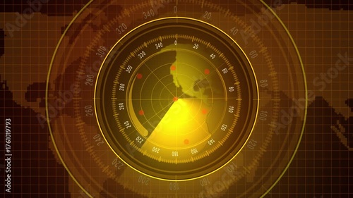 Digital Radar Screen Displaying Earth Globe with Location Markers and Navigation Grid. Earth globe radar interface with location indicators and digital navigation grid on tech screen display.