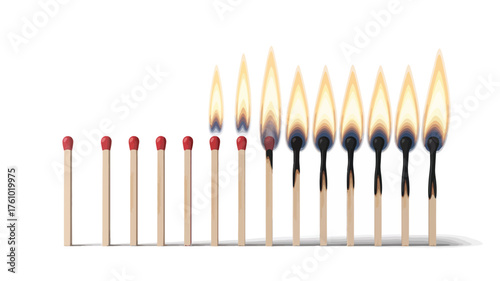 Row of burning matches showing progression from unlit to fully aflame