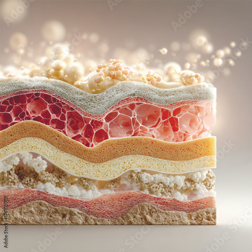 Detailed 3D render showing skin structure with collagen, fat, and connective tissue. Concept of anatomy, aging, and skincare science.. Vector illustration