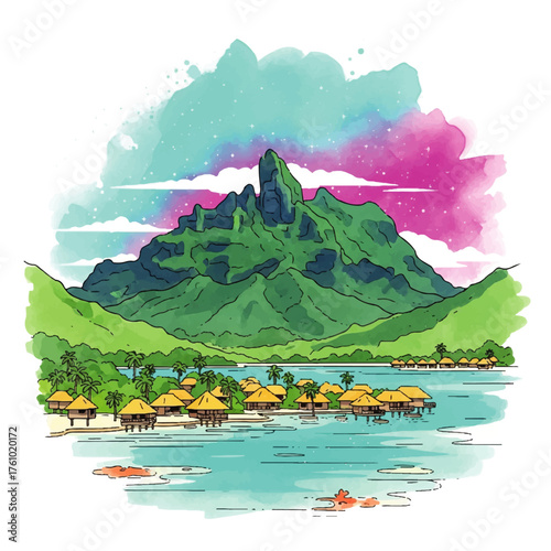 A vibrant watercolor illustration of overwater bungalows on a tropical island with a majestic green mountain.