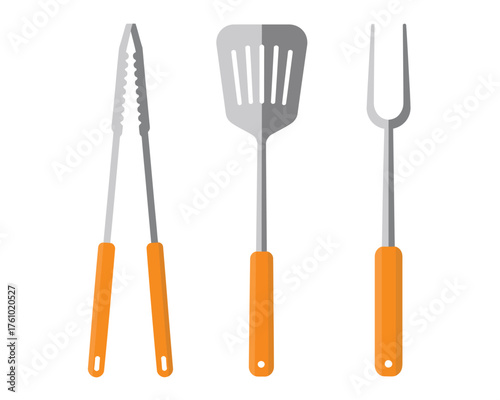 Set of three essential barbecue grilling tools with orange handles isolated on white background