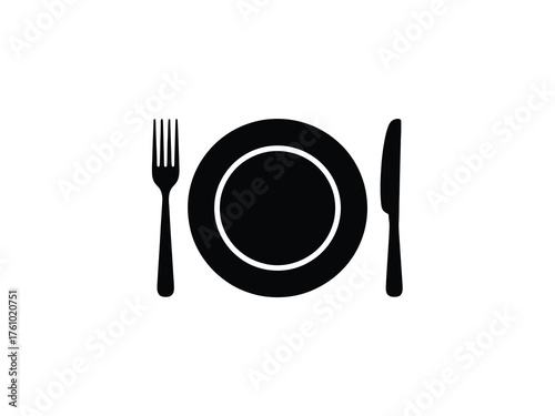 Simple black silhouette of a dinner plate with fork and knife