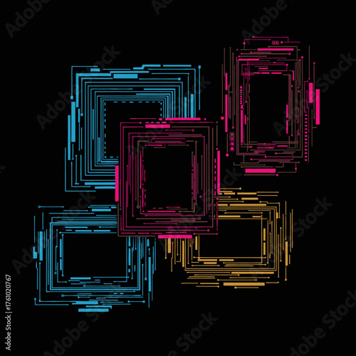 Futuristic Techno Frames Geometric Abstract Design on Black Backdrop