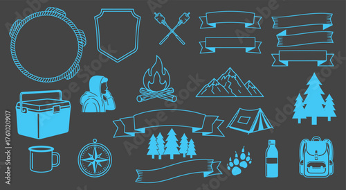 An assortment of outdoor-themed graphic resources are arranged on a dark background, this eye-catching graphic collection, offering versatility for a variety of projects.