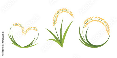Three stylized rice stalks arranged in abstract shapes on a white background