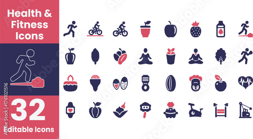 Collection of health and fitness icons in silhouette style isolated on transparent background