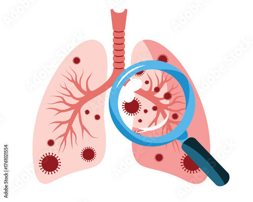 Magnifying glass examining lungs with viral infection and inflammation