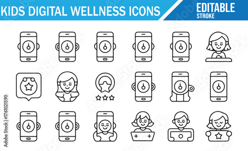 Parental Control & Mindful Use Icons for Kids – Linear Pack