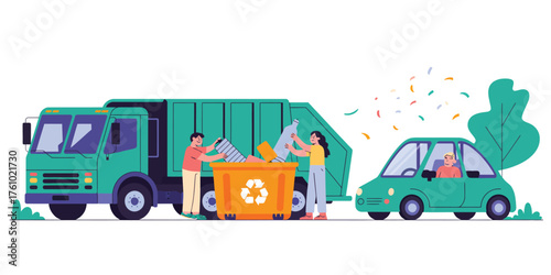 People recycling trash next to a garbage truck and a small electric car