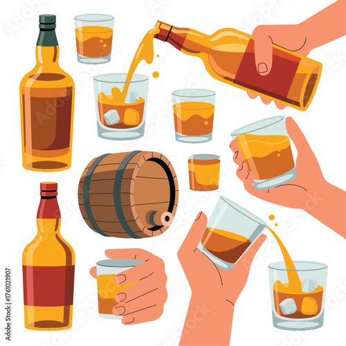 Collection of alcoholic drinks and barrels with hands pouring and holding glasses