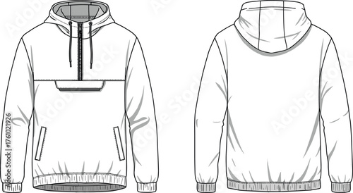 Technical flat sketch, hooded pullover jacket, front and back view, half zip, flap pocket, ribbed cuffs, fashion design, apparel illustration