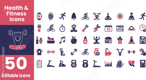 Collection of 50 health and fitness silhouette icons isolated on transparent background