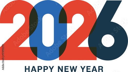 Modern graphic design for the year 2026, celebrating the New Year with a bold, overlapping numeral composition in a minimalist style, ideal for greetings and future planning