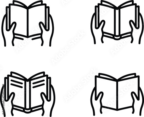 Minimalist illustration of hands holding open books, conveying knowledge and learning in a simple, modern style