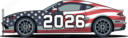 Sleek sports car vector graphic featuring an American flag wrap design and the year 2026 for a patriotic celebration