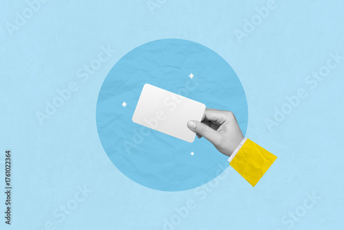 Creative art collage of hand holding blank white card. Business, Branding, card, BRAND