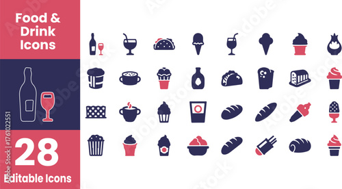 Collection of food and drink icons in silhouette style isolated on transparent background