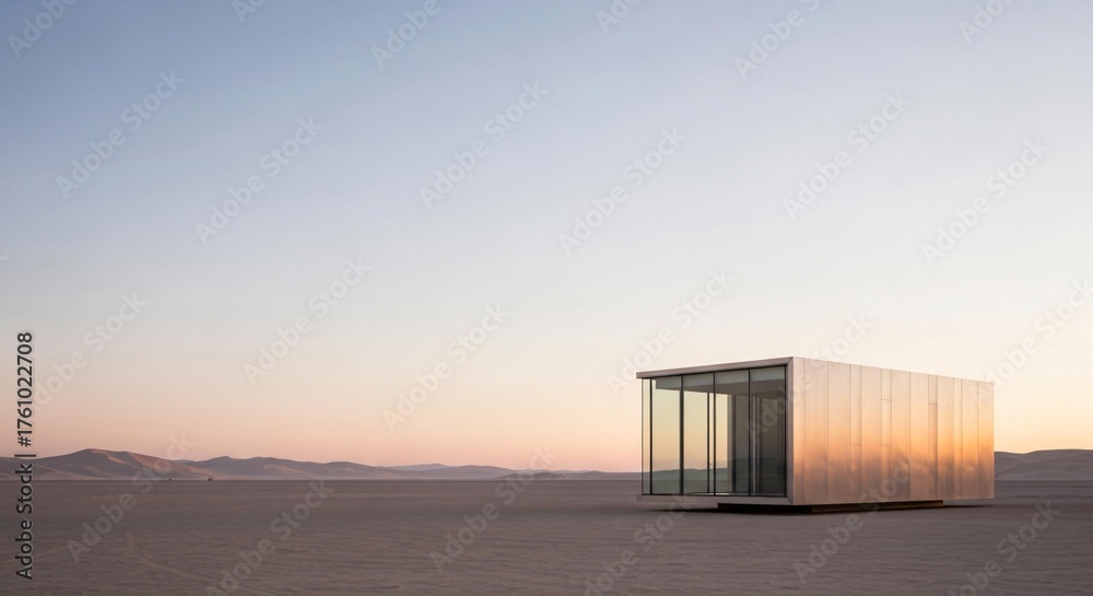 Fototapeta premium Modern minimalist glass cube structure in a vast desert landscape at sunset