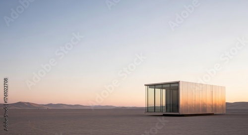 Modern minimalist glass cube structure in a vast desert landscape at sunset