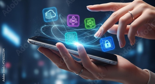 Person using smartphone with glowing digital icons representing cloud storage and security