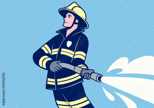 Heroic Firefighter Sprays Water Hose in Action Pose