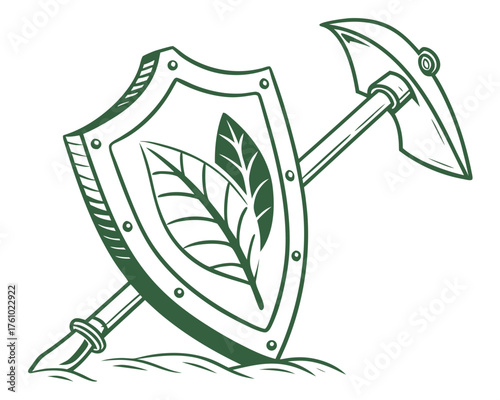 Green shield with leaf and pickaxe illustration