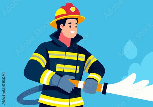 Firefighter Spraying Water with Hose - Emergency Service Illustration
