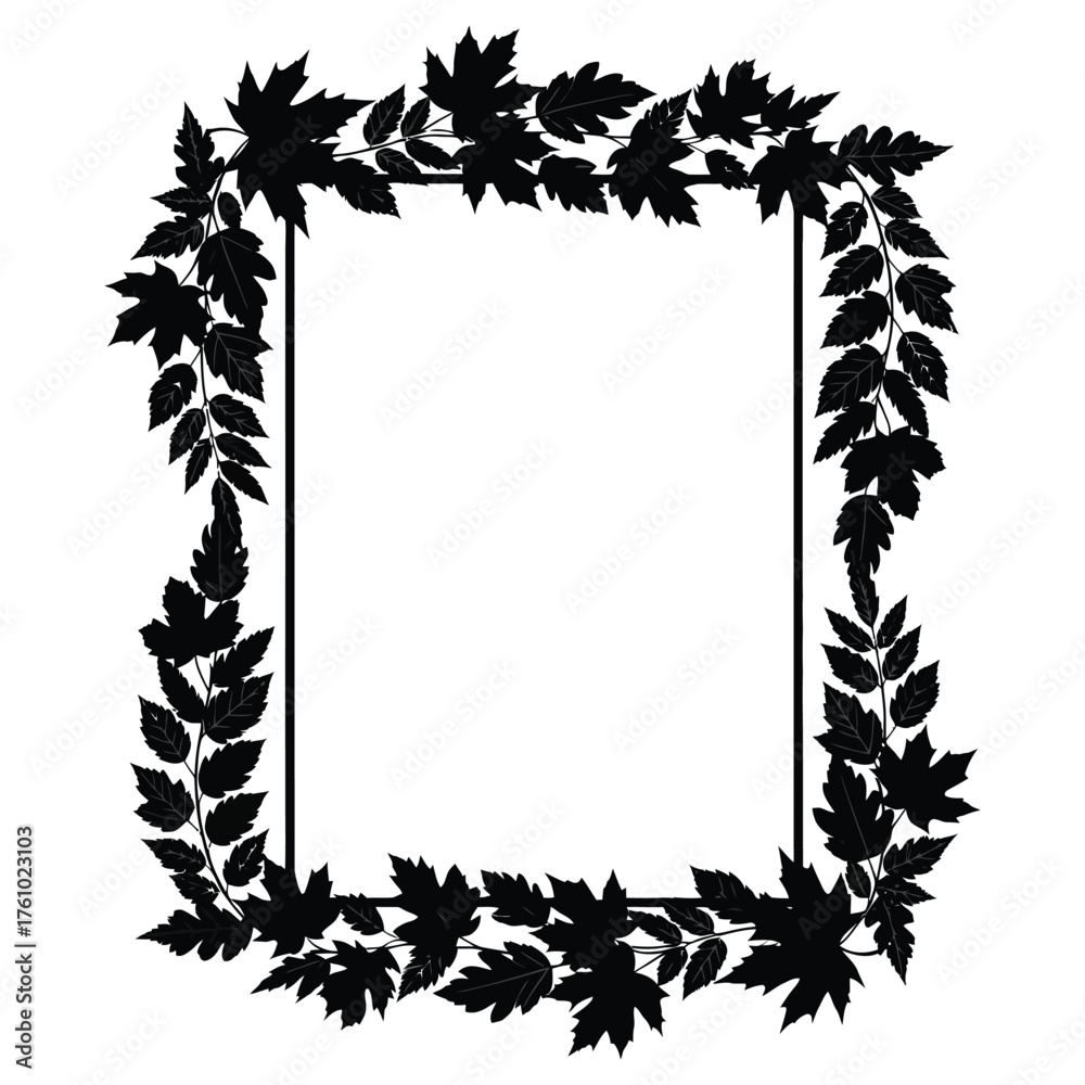 Obraz premium Cluster of fall leaves silhouette forming decorative frame border in flat black vector design representing autumn them