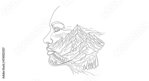 Artistic vector illustration of human profile merging with mountain landscape outline