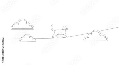 Whimsical cat walking on a tightrope amongst clouds vector illustration