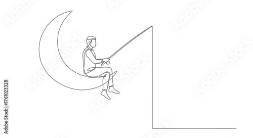 Man fishing from crescent moon vector art dreamy surreal illustration for design