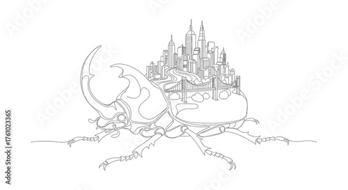 Scalable vector illustration of a majestic beetle carrying a fantasy city on its back