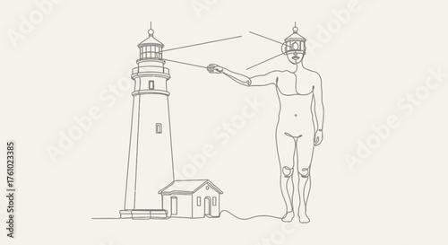 Man directing a lighthouse beam with his mind conceptual vector illustration