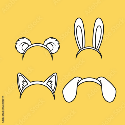 Set of various whimsical animal ear headbands, including playful bunny, fluffy bear, sleek cat, and floppy dog designs, ideal for dress-up fun and festive occasions