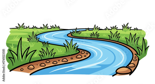 Whimsical Winding River with Lush Green Banks and Grassy Embankments, Cartoon Style Nature Scene