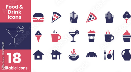 Collection of stylized food and drink icons in silhouette style isolated on transparent background