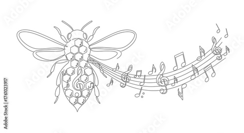 Whimsical vector illustration of a bee with musical notes flowing artistically