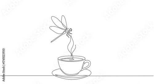 Elegant single line drawing of a dragonfly emerging from a steaming coffee cup