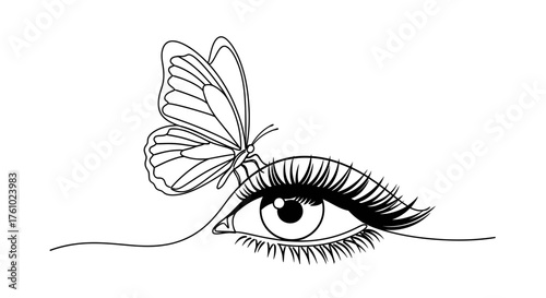 Elegant line art butterfly perched on a beautifully rendered eye vector illustration