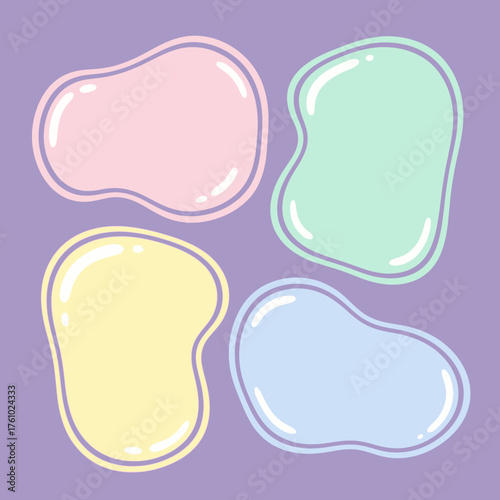 Soft pastel-colored organic blob shapes with smooth outlines and a subtle glossy finish, perfect for charming speech bubbles, decorative frames, or playful graphic design elements