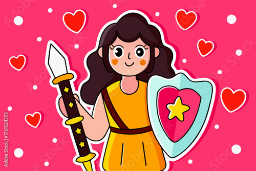 Charming Cartoon Woman Warrior with Shield and Sword, Pink Background