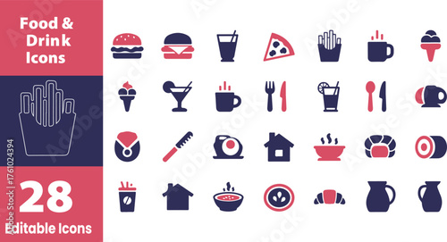 Collection of food and drink icons silhouette isolated on transparent background
