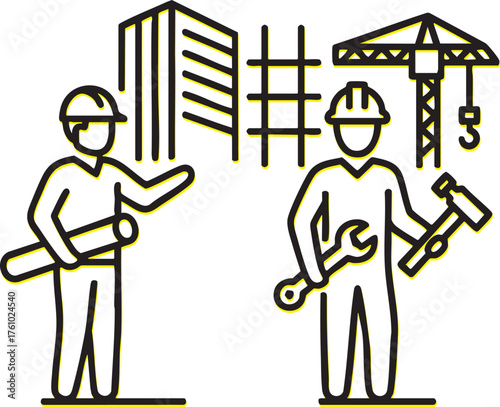Construction Professionals Architects and Builders Illustrated with Line Art Icons for Design Projects