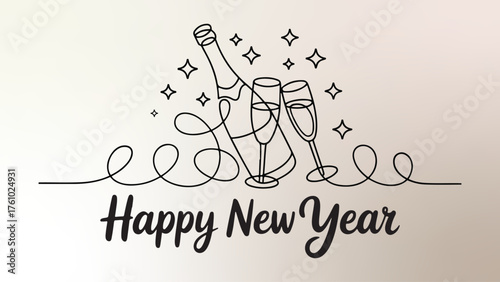 New Year 2026 Line Art with Balloons Champagne and Fireworks
