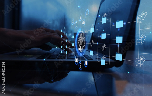 Ai,Document management system DMS, Enterprise content management, Businessman working on laptop computer with digital document, managing files data, paperless workflow, data search, cloud technology