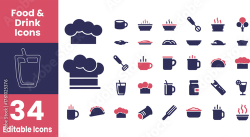 Collection of food and drink icons in silhouette style isolated on transparent background
