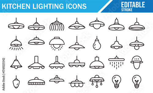 Editable Stroke Kitchen Lamp Symbols – Outline Set of Modern Interior Lighting Fixtures