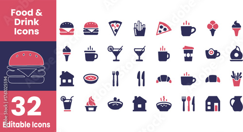 Collection of food and drink icons in silhouette style isolated on transparent background