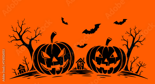 Spooky Halloween Pumpkins: Two intricately carved pumpkins grin with eerie glee, their sinister expressions enhanced by silhouetted bats and bare trees. Evoking the spirit of the season